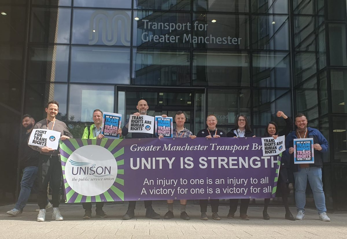 Members of UNISON Greater Manchester Transport protest for trans rights