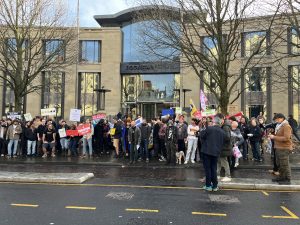 Rockstar workers assembled on the pavement outside the Rockstar building on Holyrood Road