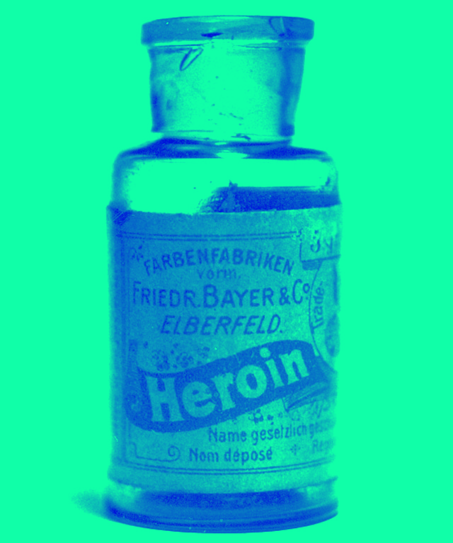 An old pharmaceutical bottle of Heroin produced by the German company Bayer.