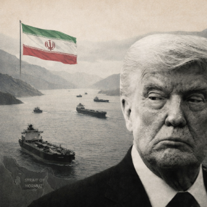 A collage in black and white illustrating and symbolsing the war against Iran. Trump is in the front, his gaze to the side, looking on the strait for hormuz, which is filled with war ships and a big iranian flag.