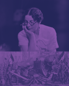 A violet coloured image collage of a photo of Sylvia Townshend Warner and a painting depicting the burning of King Louis Philippe's throne in 1848. Sylvia is a white woman has short dark brown hair and wears glasses. She wears a short sleeved shirt and in the original image wears trousers. Below her is the painting, and it almost looks as if she is looking down on the symbol of the monarchy being burned by revolutionaries.