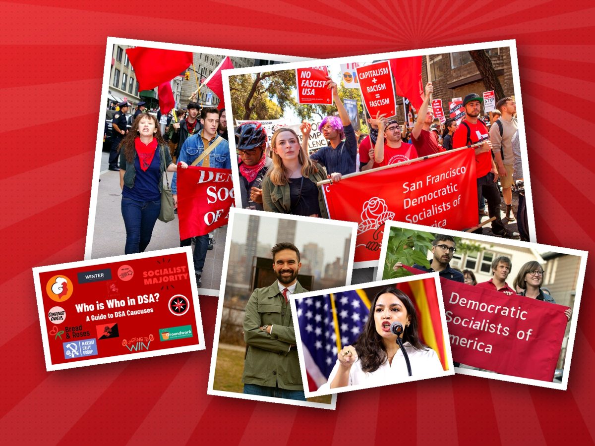 a collage of different photos associated with the democratic socialists of america. photos of AOC, Mamdani, and different protest banners with people protesting lay on top of each otehr on a red background.