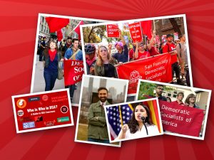 a collage of different photos associated with the democratic socialists of america. photos of AOC, Mamdani, and different protest banners with people protesting lay on top of each otehr on a red background.