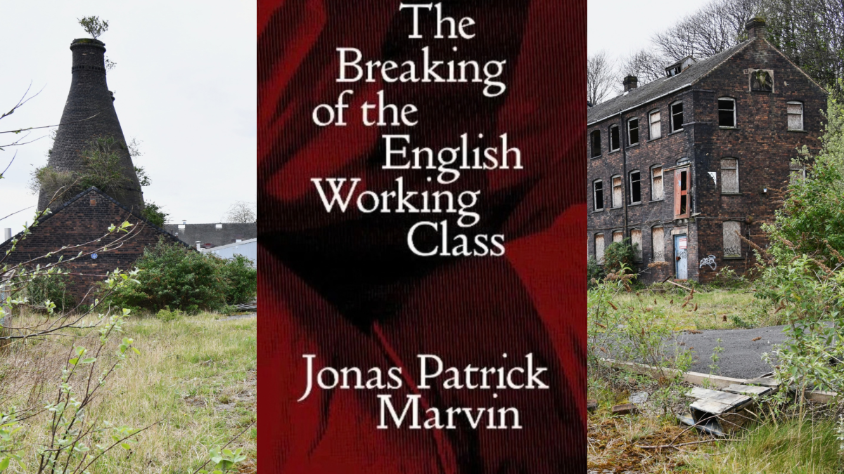 The cover of the book superimposed on a landscape with derelict pottery kiln and buildings
