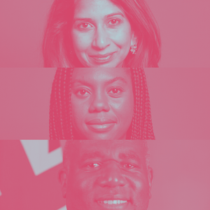 Three photos of Suella Braverman, Kemi Badenoch, and David Lammy, descending in vertical order. A pink filter has been applied over the top.